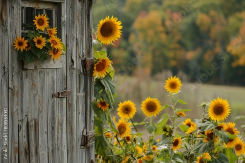 Close-up of a weathered barn door framed by vibrant sunflowers, capturing the rustic charm of a summer landscape