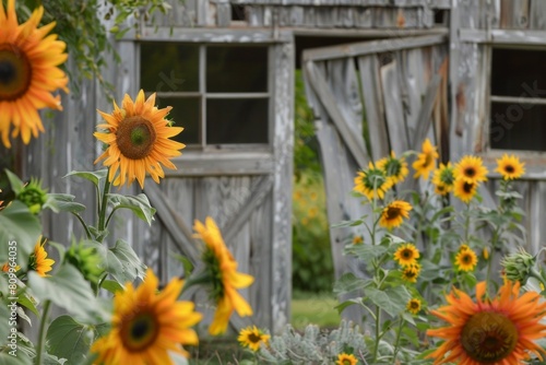 Close-up of a weathered barn door framed by vibrant sunflowers, capturing the rustic charm of a summer landscape