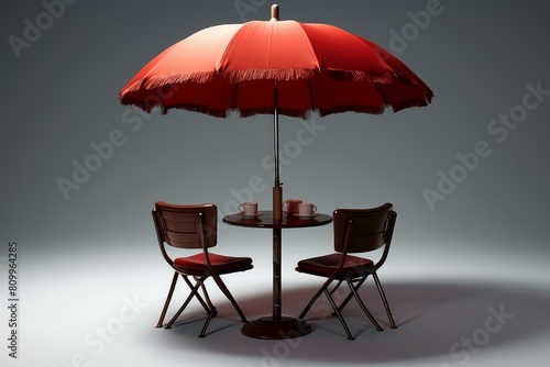 Chic outdoor bistro setup featuring a red umbrella and two chairs  conveying urban sophistication