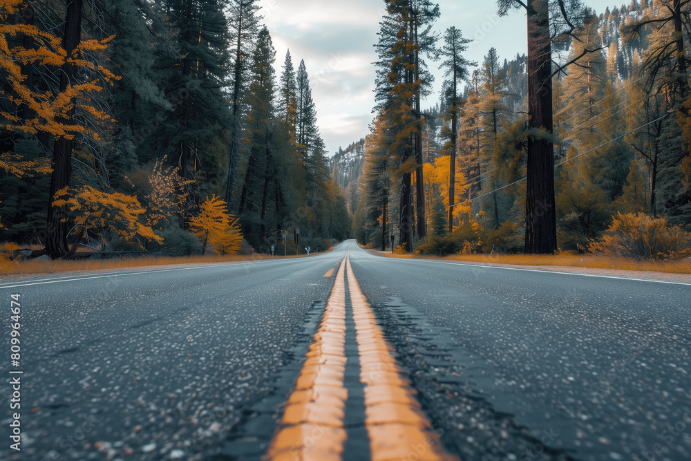 Obraz premium Closeup of asphalt road through beautiful autumn forest.