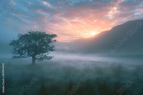 Sunrise over a misty meadow in the English Lake District