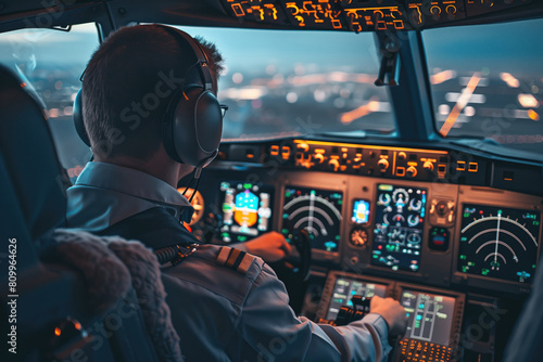 Pilot in cockpit of the modern passenger aircraft during flight © Ekaterina Pokrovsky