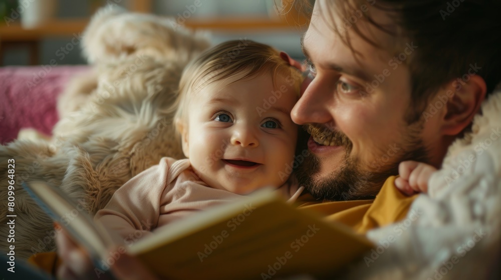 Happy father relax and read book with baby time together at home. parent sit on sofa with daughter and reading a story. learn development, childcare, laughing, education, storytelling, practice. Happy father relax and read book with baby time together at home. parent sit on sofa with daughter and reading a story. learn development, childcare, laughing, education, storytelling, practice.