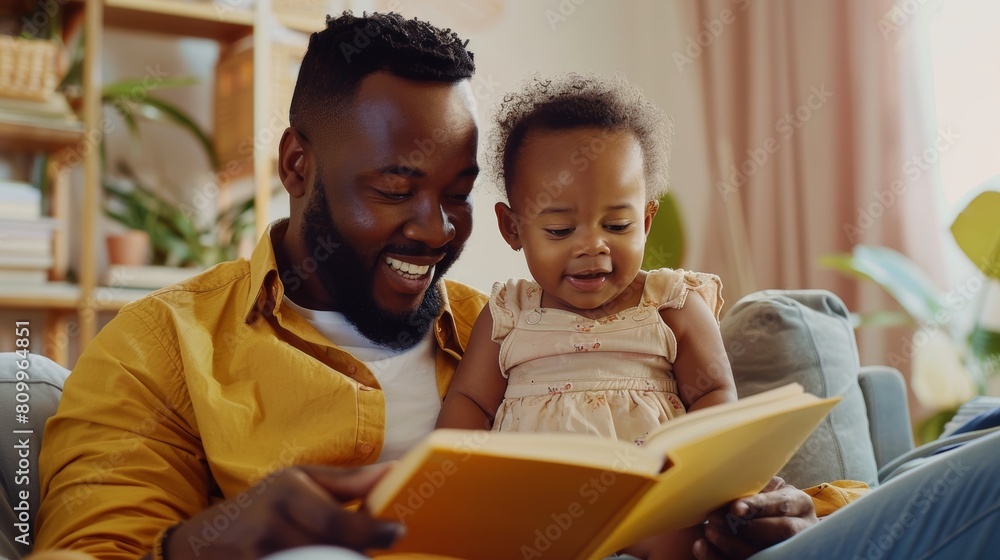 Happy father relax and read book with baby time together at home. parent sit on sofa with daughter and reading a story. learn development, childcare, laughing, education, storytelling, practice. Happy father relax and read book with baby time together at home. parent sit on sofa with daughter and reading a story. learn development, childcare, laughing, education, storytelling, practice.