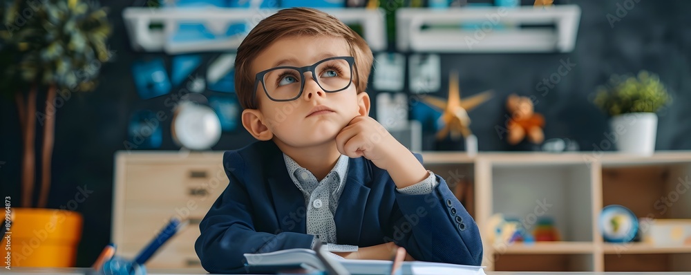 Boy Deep in Thought Surrounded by Business Paraphernalia Envisioning His Future Success Boy Deep in Thought Surrounded by Business Paraphernalia Envisioning His Future Success