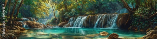 Erawan Waterfalls Cascading Through Lush Tropical Foliage in Emerald Splendor photo