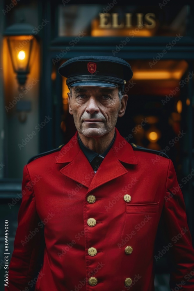 A man in a red uniform standing outside a building. Suitable for various business concepts A man in a red uniform standing outside a building. Suitable for various business concepts