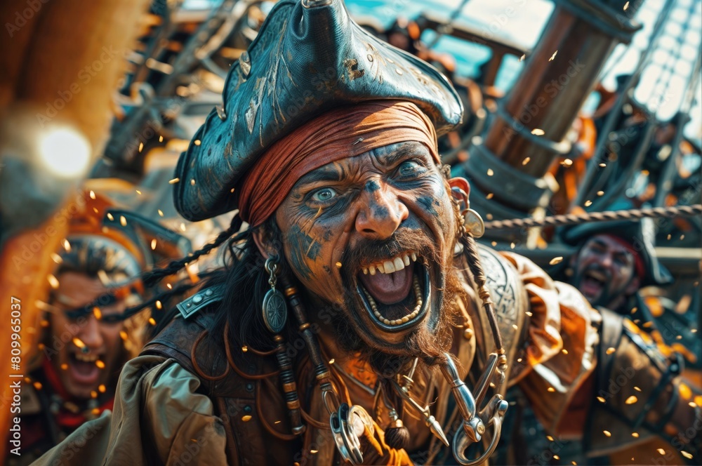 Fototapeta premium High Seas Chaos: A Gripping Scene of Pirates Screaming and Fighting During a War on a Ship, Capturing the Essence of Conflict.