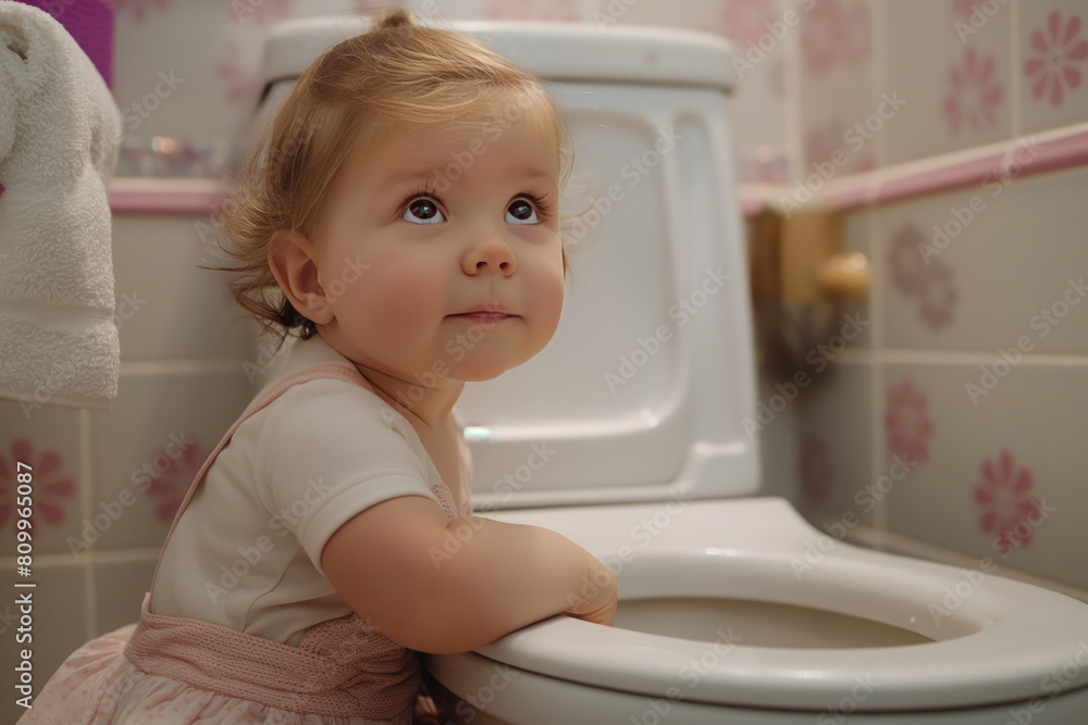 Adorable toddler near the flush toilet in bathroom. Potty training and hygiene concept. Adorable toddler near the flush toilet in bathroom. Potty training and hygiene concept.