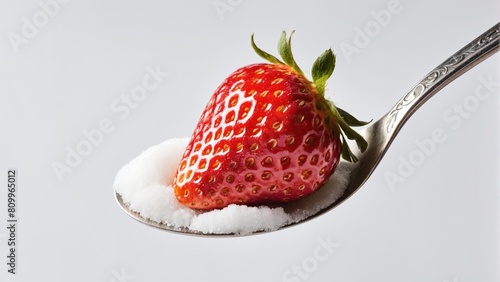fresh strawberry on a spoon with sugar on minimal background