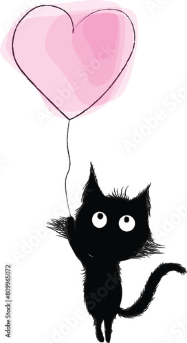 Black cat and heart balloon vector illustration isolated
