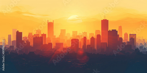 Big city skyline with skyscrapers at sunset or sunrise.