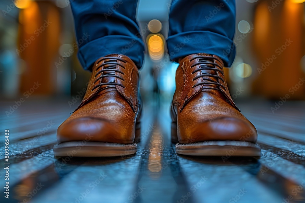 A detailed close-up of polished brown leather shoes worn by a person standing on a city sidewalk A detailed close-up of polished brown leather shoes worn by a person standing on a city sidewalk