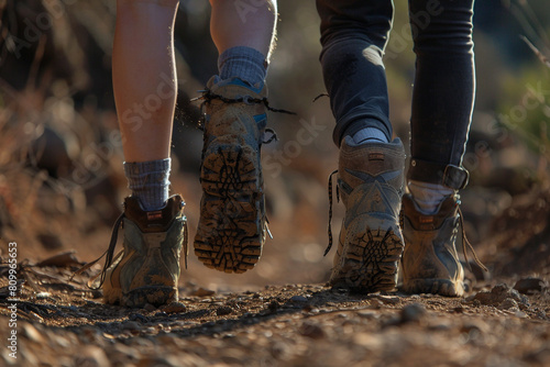 Multi-generational trek, family feet in harmony, across landscapes, from dawn till dusk, unity in every step  photo
