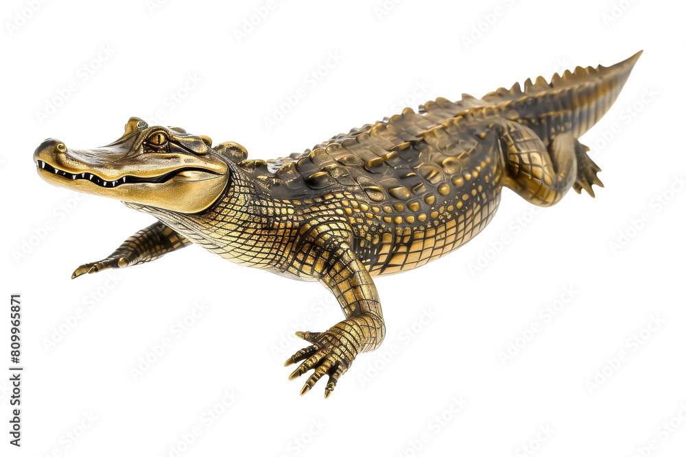 Fototapeta premium Golden Alligator Sculpture Isolated on White Background