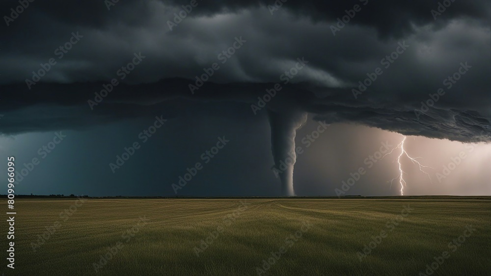 lightning in the storm A tornado and lightning in a field, creating a dangerous and powerful scene.