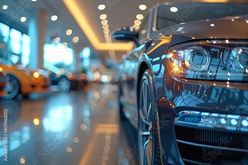 The front view of a sleek black luxury car in a brightly lit car dealership, showcasing the vehicle's modern design and advanced technology photo