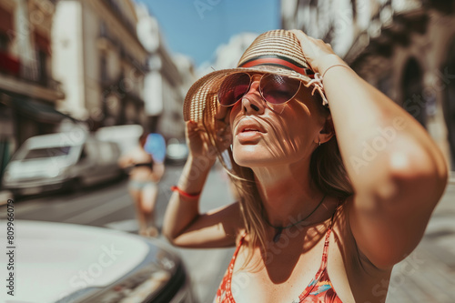 Young woman suffering from extremely high temperature, heat stroke and dehydration on a street of a city. Heat waves, global warming and climate change concept. photo