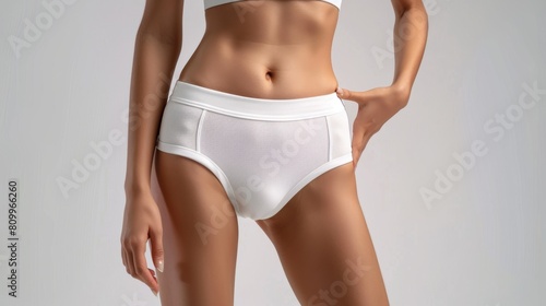 Slim woman with six pack and white shorts on white background. shot of the model waist. Slim body with cellulite or healthy, fit, muscular, underwear, guy, attractive