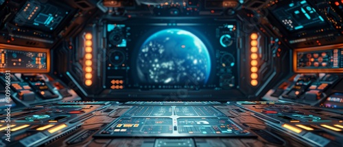 Fototapeta Naklejka Na Ścianę i Meble -  High-tech product showcase on a wooden table with a sci-fi spaceship interior background