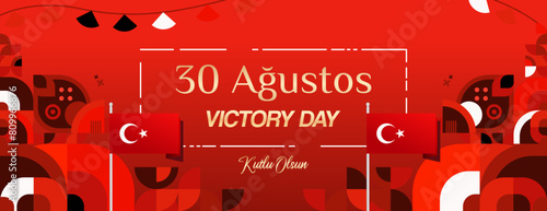 Turkey Victory Day wide banner in modern geometric style with red colors. Turkish National Day greeting card template illustration on August 30. Happy Victory Day Turkey