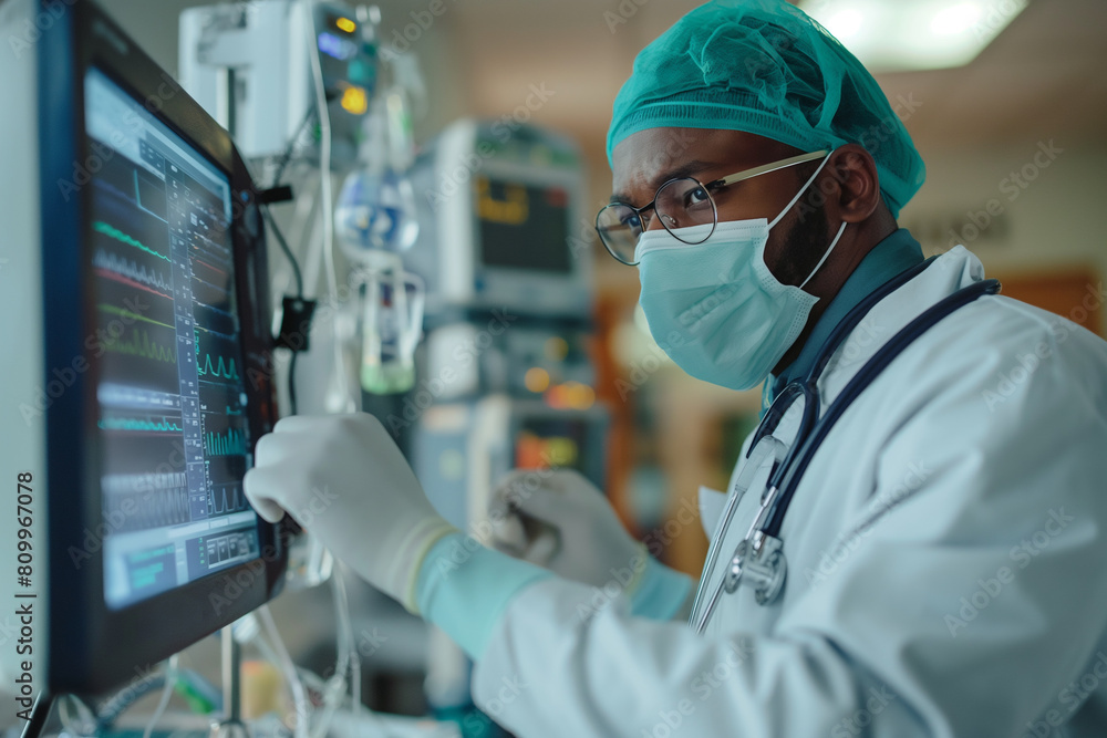 Professional nurse wears face mask checks patient's vital signs, checks heart rate computer. Professional nurse wears face mask checks patient's vital signs, checks heart rate computer.