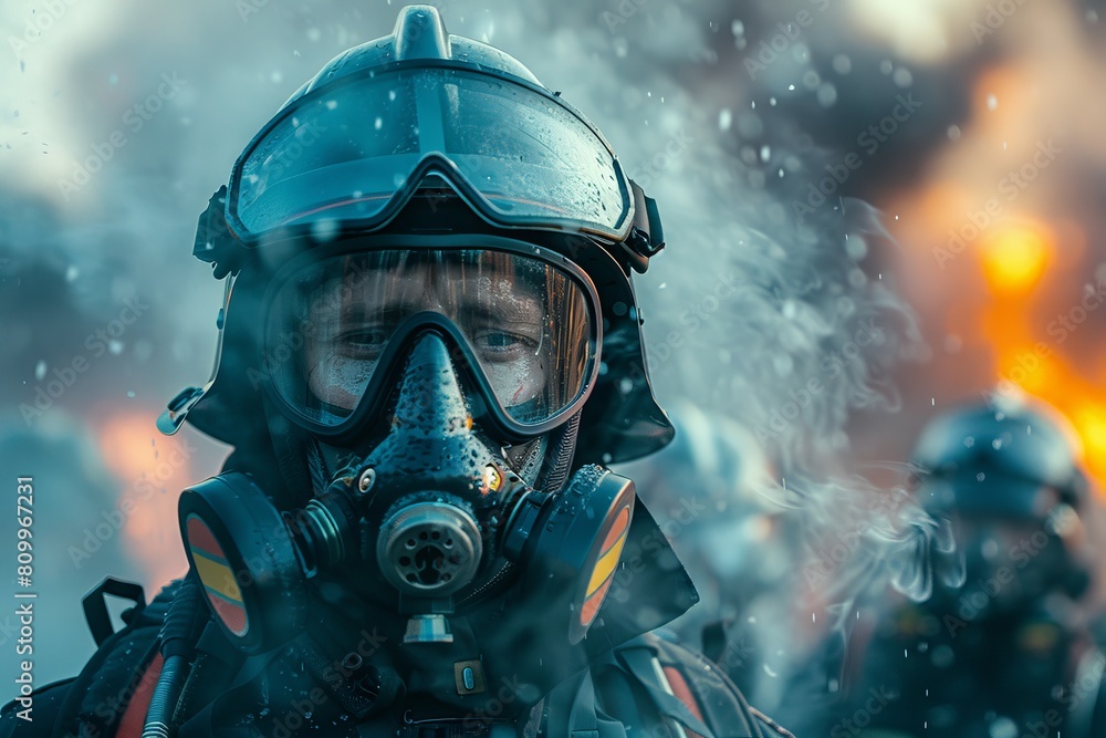 A close-up of a firefighter, clad in protective gear, with focus on the helmet and suit against the raging flames background A close-up of a firefighter, clad in protective gear, with focus on the helmet and suit against the raging flames background