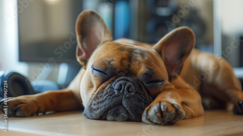 Close up of French bulldog sleeping on office desk. Happy dog asleep on a table. Bring your pet to work day. National dog day