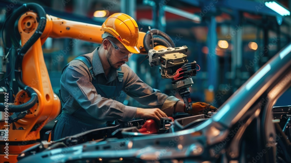 Human and robot mechanics collaborate under a car hood, merging craftsmanship with precision. Robotic relationships Human and robot mechanics collaborate under a car hood, merging craftsmanship with precision. Robotic relationships