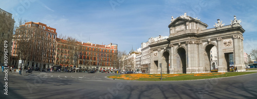 Panoramic view of the Puerta de Alcala without traffic in the city of Madrid 