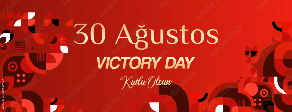 Naklejka premium Turkey Victory Day wide banner in modern geometric style with red colors. Turkish National Day greeting card template illustration on August 30. Happy Victory Day Turkey