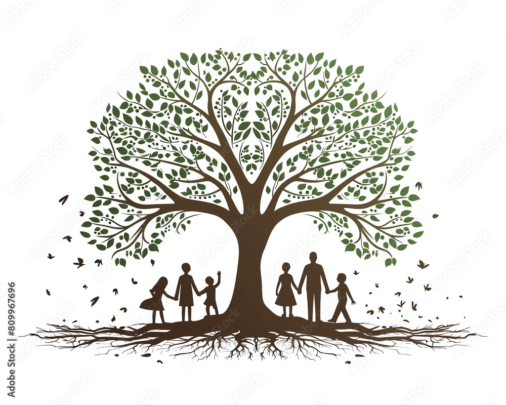 Multigenerational family icon, tree with deep roots and various ...