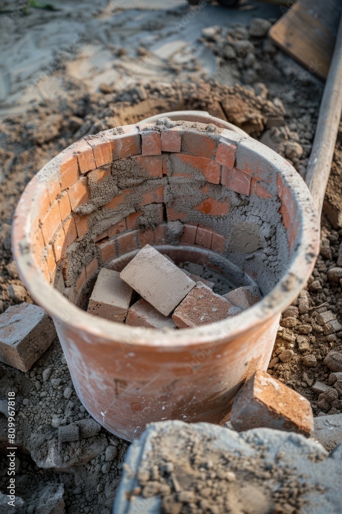 A bucket filled with bricks on top of rubble. Ideal for construction concepts A bucket filled with bricks on top of rubble. Ideal for construction concepts