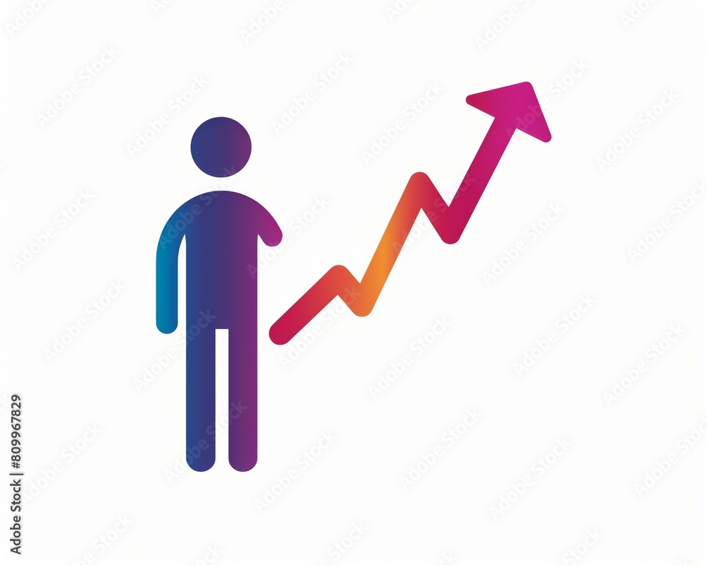 A streamlined icon featuring a human figure standing next to a rising stock arrow, symbolizing growth and success in business investments A streamlined icon featuring a human figure standing next to a rising stock arrow, symbolizing growth and success in business investments