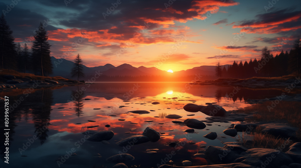 Eine ruhige Seenlandschaft bei Sonnenuntergang, mit sanft spiegelndem Wasser und einer Silhouette von Bergen im Hintergrund