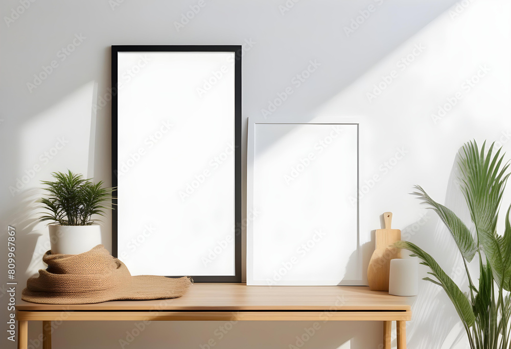 A simple and minimalistic room with a white wall, framed poster, and potted plant A simple and minimalistic room with a white wall, framed poster, and potted plant
