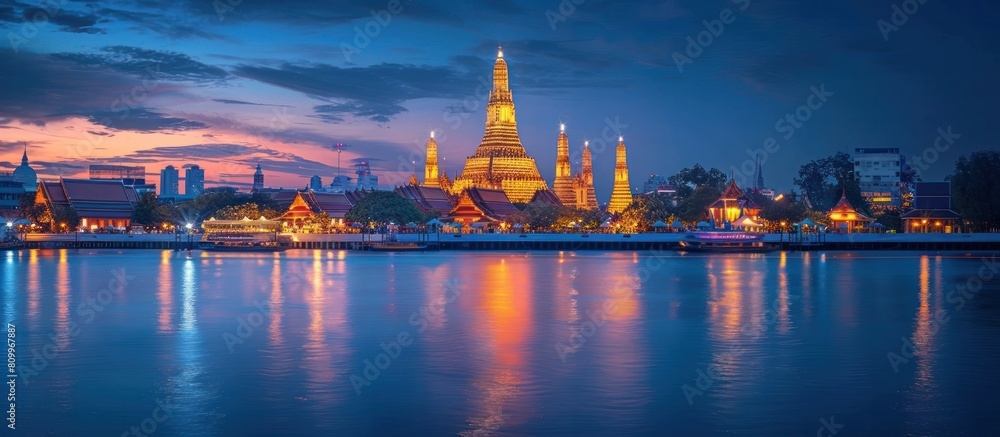 Majestic Wat Arun Temple Rising Over Chao Phraya River at Twilight in Bangkok Thailand