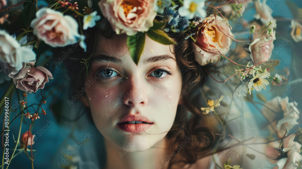 Art portrait of a young woman decorated with flowers. Author's vision of beauty Art portrait of a young woman decorated with flowers. Author's vision of beauty