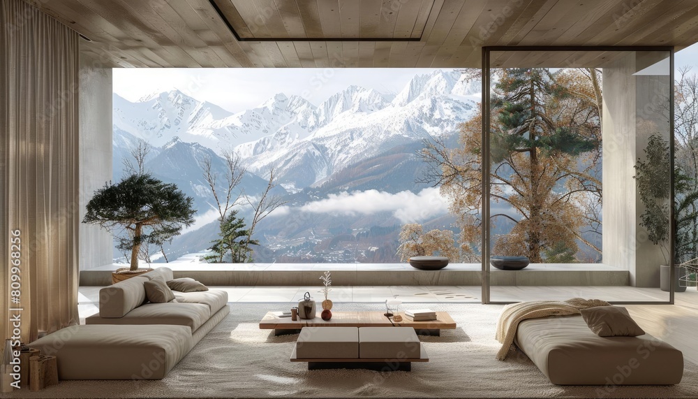 Design a modern living room with a stunning view of the mountains Stock ...