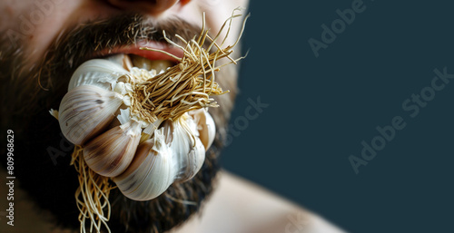 Man with a bulb of garlic in his mouth, bad breathб healthy eating, copyspace