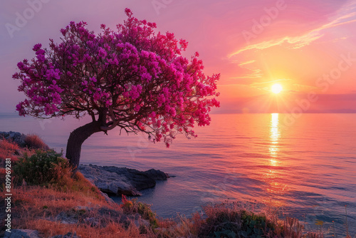 flowering tree on the shore at sunset