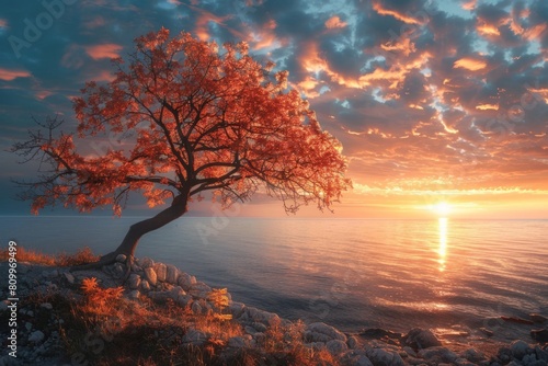 flowering tree on the shore at sunset © Michael