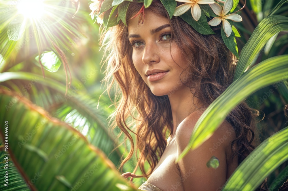 Φωτογραφία Island Beauty: Stunning Brunette Model Wears Wreath of Flowers in a Scenic Hawaii Rainforest Photoshoot, Capturing Exotic Natural Charm