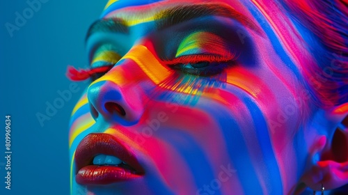 Woman s face illuminated by vibrant rainbow lights in closeup