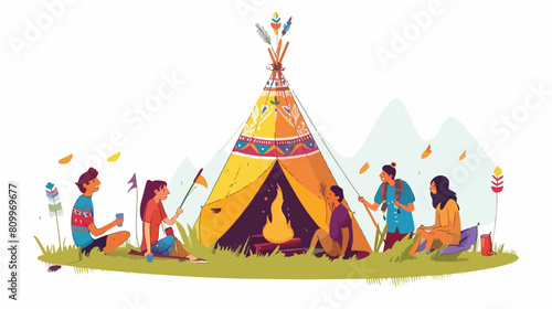 Tipi camping. Friends around fire relaxing in nature