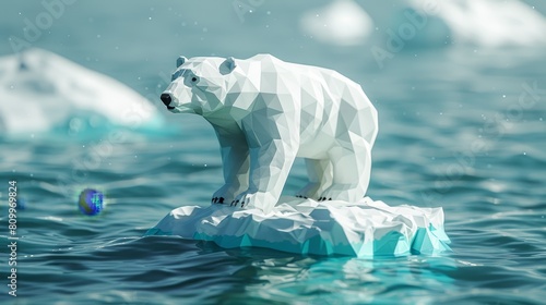 A 3D-rendered polygonal polar bear elegantly positioned on an iceberg  using a blend of white and icy blue polygons  with a simple oceanic backdrop.