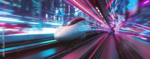 Capture a high-angle view of a sleek, futuristic transportation pod zooming through a neon-lit cityscape Utilize a dynamic color palette to evoke energy and excitement in this thrilling travel adventu photo