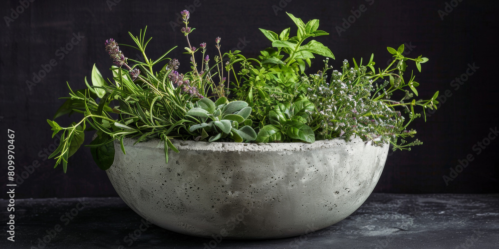 Fresh green herbs in a concrete bowl on a gray table. Fresh green herbs in a concrete bowl on a gray table.