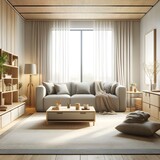  a modern and tidy living room, illuminated by natural light with a large grey sofa, wooden coffee table, beige carpet, and decorative elements