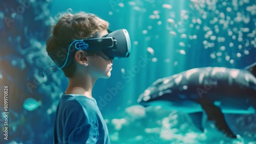 A young boy wearing a blue shirt is observing a dolphin in a VR zoo environment. photo